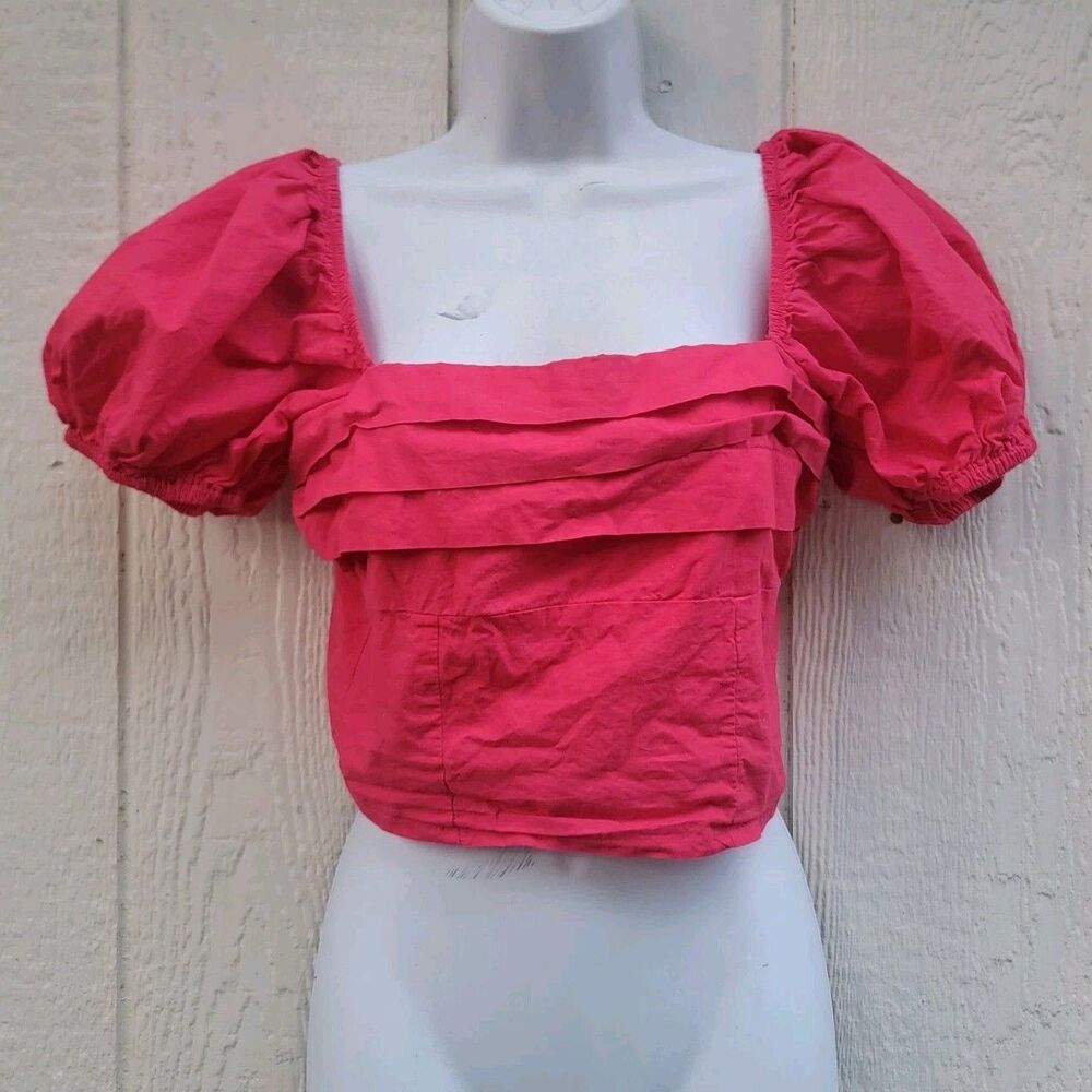 Sim & Sam Pink Puff Sleeve Smocked Back Crop Top Size S coquette